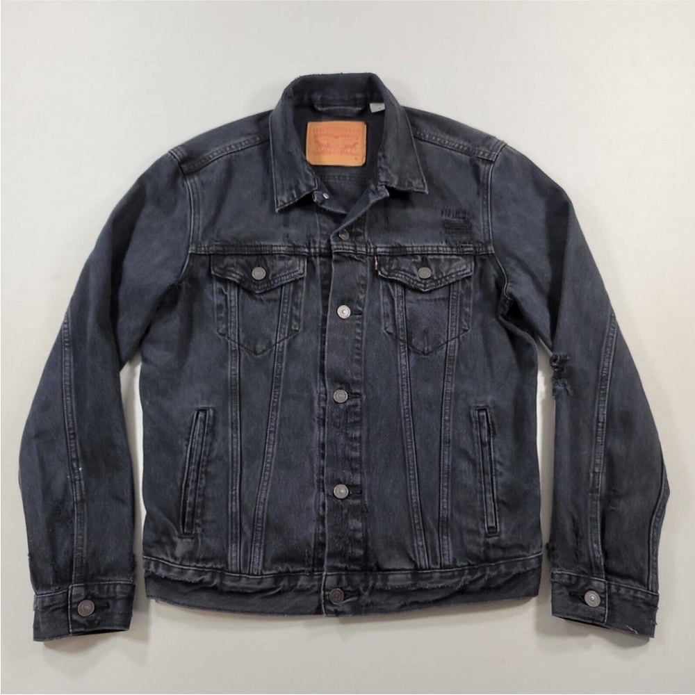 Levis Black Denim Trucker Jacket Womens Medium Distressed Jean